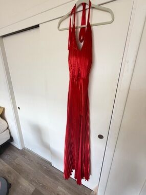 Red Pleated Halter Maxi Dress